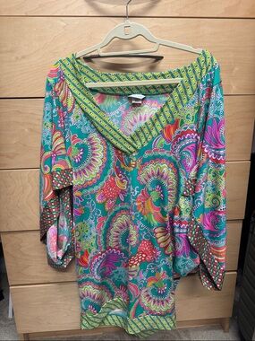 Trina Turk Teal Paisley V-Neck Swim Coverup with Pink & Lime Accents